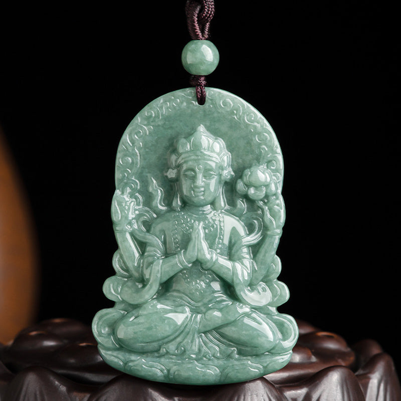 Buddha Stones Four-armed Avalokitesvara Natural Jade Amulet Blessing String Necklace - image 5