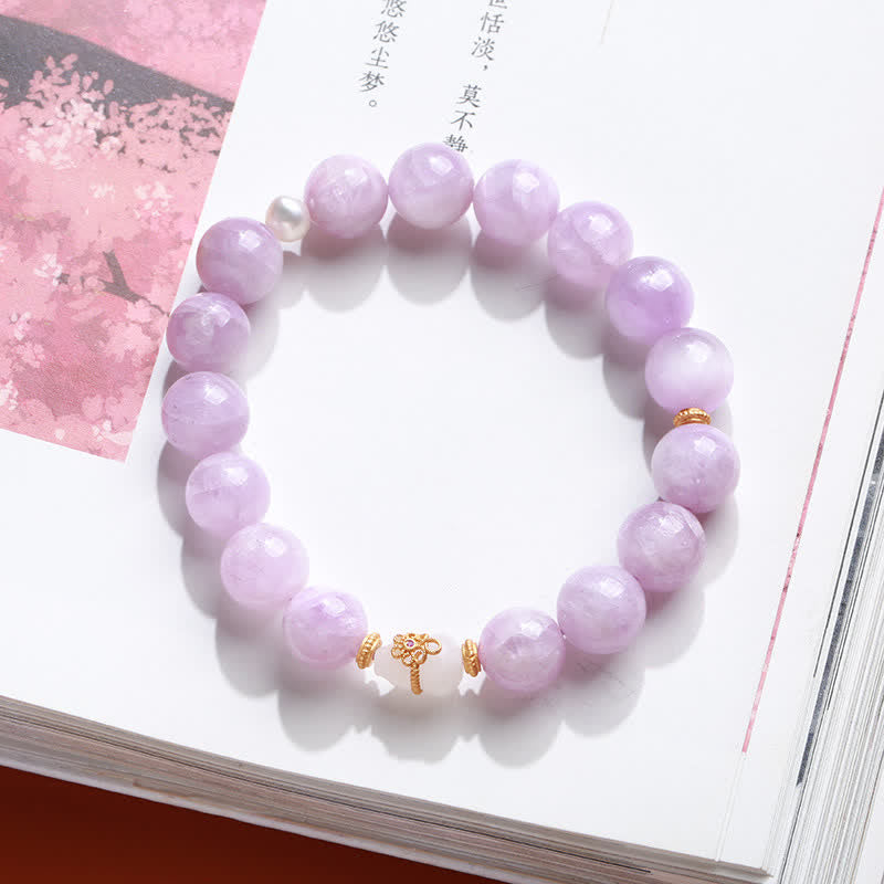 Buddha Stones Kunzite Hetian White Jade Gourd Love Spiritual Growth Bracelet - image 1