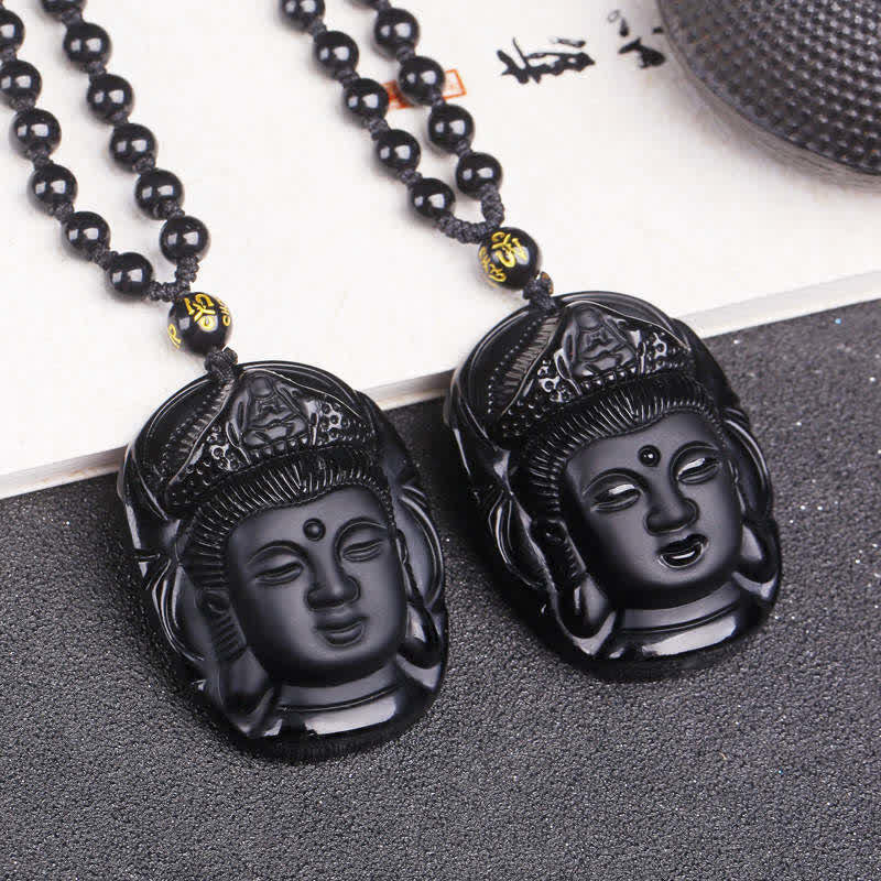 Buddha Stones Natural Black Obsidian Kwan Yin Avalokitesvara Strength String Necklace Pendant - image 1