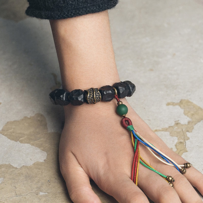 Buddha Stones Tibet Ebony Wood Copper Peace Tassel Wrist Mala Bracelet - image 4