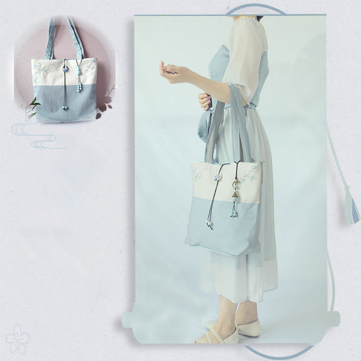 Buddha Stones Pear Flower Plum Peach Blossom Bamboo Embroidery Canvas Large Capacity Shoulder Bag Tote Bag - image 26