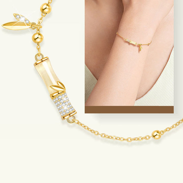 Buddha Stones 925 Sterling Silver 18K Gold Plated White Jade Bamboo Zircon Leaf Luck Bracelet - image 9