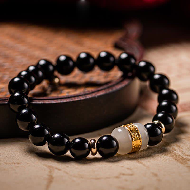 Buddha Stones Black Obsidian Jade Om Mani Padme Hum Strength Couple Magnetic Bracelet - image 1
