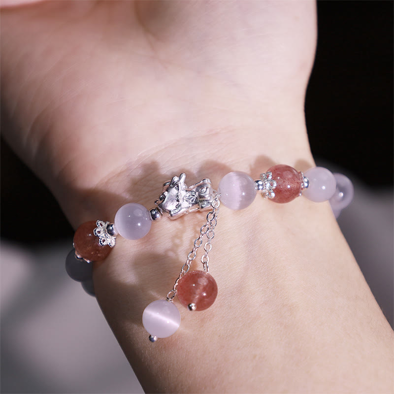 Buddha Stones Natural Cat's Eye Moonstone Strawberry Quartz PiXiu Support Bracelet - image 10