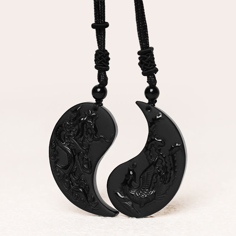 Buddha Stones Black Obsidian Yin Yang Dragon Phoenix Luck Necklace Pendant - image 1