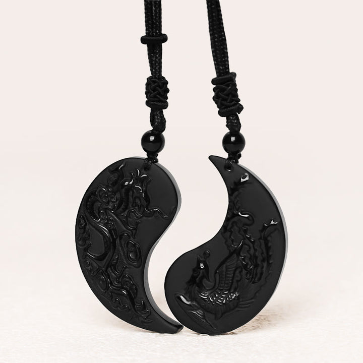 Buddha Stones Black Obsidian Yin Yang Dragon Phoenix Luck Necklace Pendant - image 1