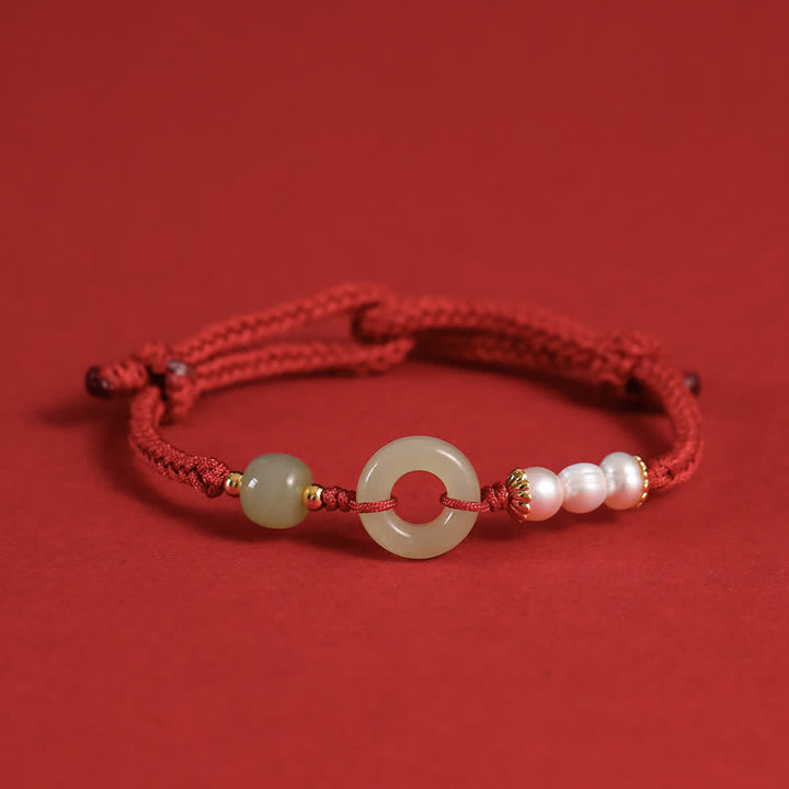 Buddha Stones Natural Hetian Jade Pearl Peace Buckle Luck Bracelet - Dark Red - image 11