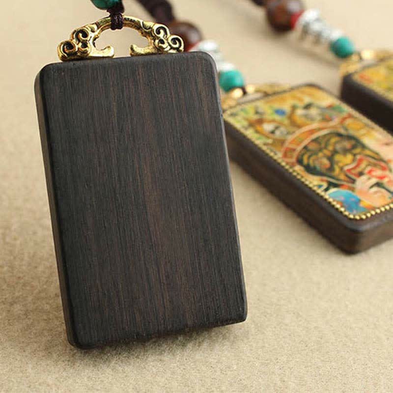 Buddha Stones Tibet God of Wealth Thangka Ebony Peace Necklace Pendant - image 18