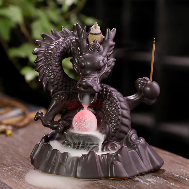 Buddha Stones Auspicious Dragon Ceramic Backflow Smoke Fountain Meditation Healing Incense Burner Led Ball Decoration - image 1
