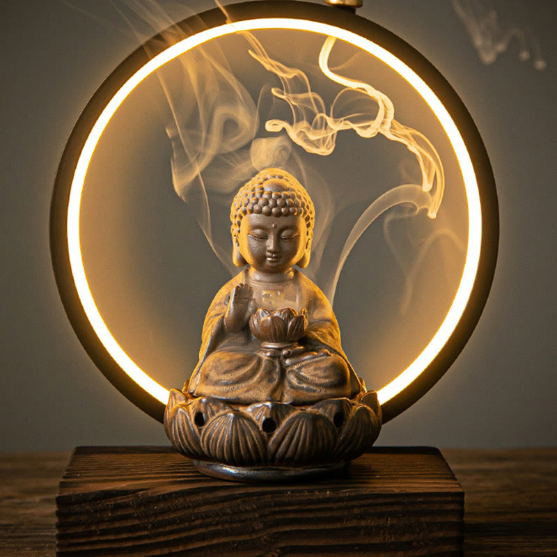 Buddha Stones Buddha Lotus Backflow Smoke Fountain Ceramic Blessing Incense Burner With Light Decoration - Brown Buddha - image 7