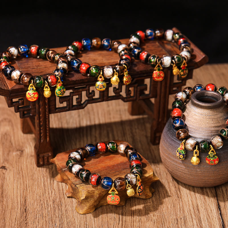 Buddha Stones Five Elements Gold Swallowing Beast Family Charm Liuli Glass Bead Luck Bracelet - image 0