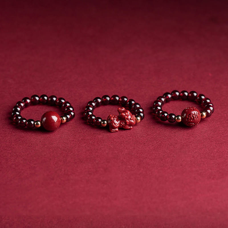 Buddha Stones Garnet Cinnabar Lucky Bead PiXiu Om Mani Padme Hum Rose Protection Ring - image 1