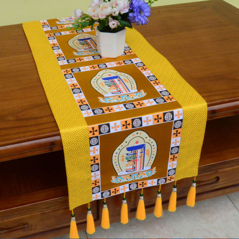 Buddha Stones Prayer Altar Mat Man-Bcu Kalachakra Endless Knot Vajra Tibetan Auspicious Symbols Tassels Table Runner - Man-Bcu Kalachakra - Gold - 190*33cm - image 0