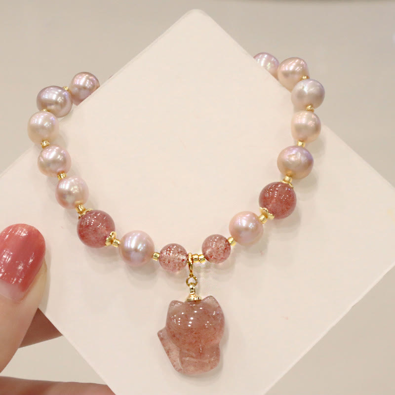 Buddha Stones Natural Pearl Strawberry Quartz Cute Fox Love Healing Charm Bracelet - image 2