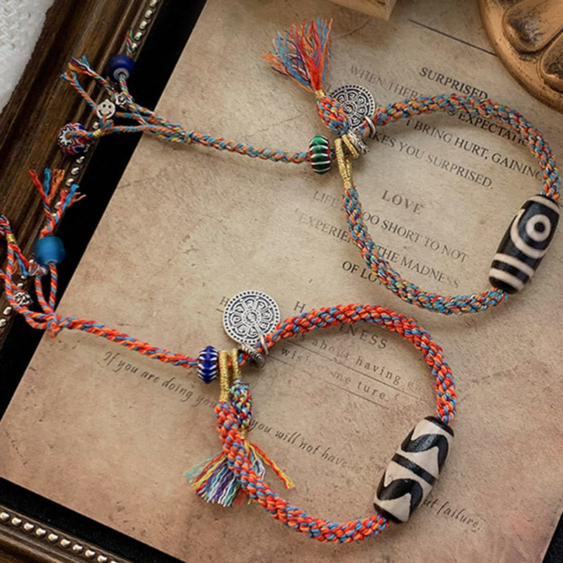 Buddha Stones Tibetan 925 Sterling Silver Om Mani Padme Hum Handmade Dzi Bead Protection Braid Bracelet - image 1