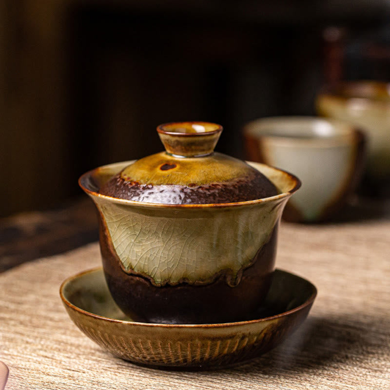 Buddha Stones Vintage Brown Kiln Change Design Porcelain Ceramic Gaiwan Sancai Teacup Kung Fu Tea Cup And Saucer With Lid - image 7