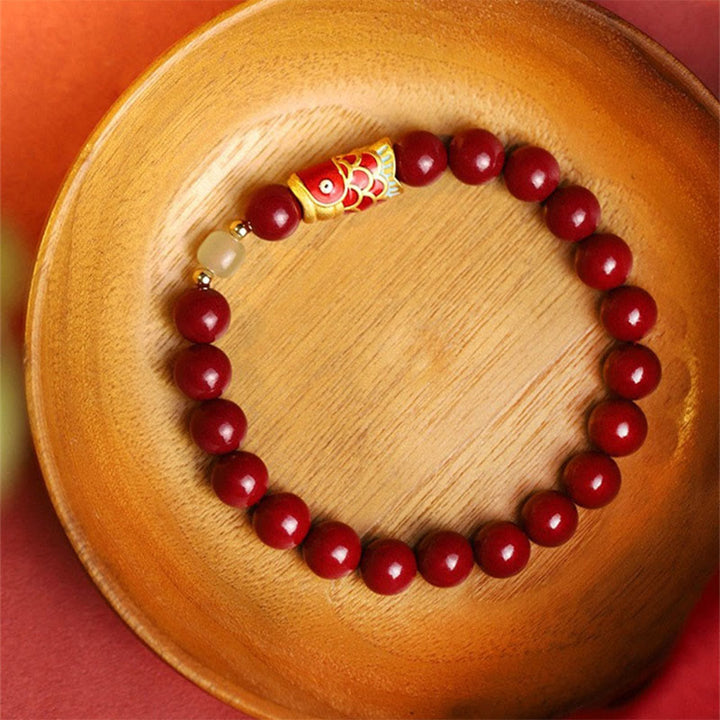 Buddha Stones Natural Cinnabar Lucky Koi Fish Hetian Jade Bead Blessing Bracelet - image 1