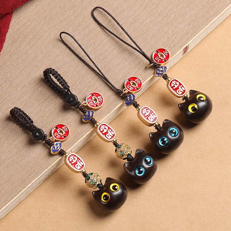 Buddha Stones Ebony Wood Lucky Cat Auspicious Cloud Peace Key Chain Phone Hanging Decoration - image 1