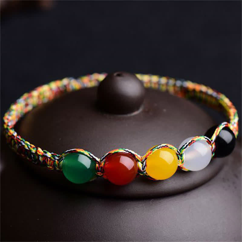 Buddha Stones Colorful Agate Metal Wood Water Fire Earth Five Elements String Bracelet - image 5