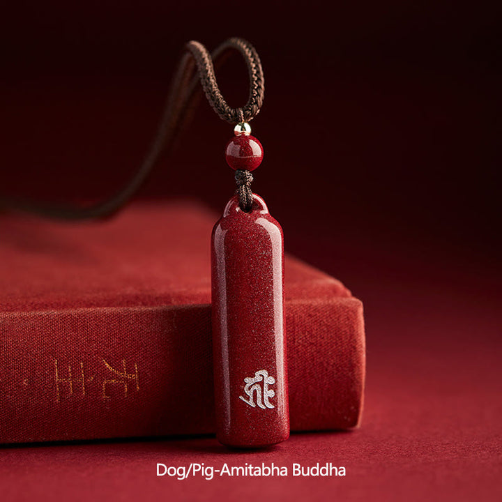 Buddha Stones Chinese Zodiac Natal Buddha Cinnabar Amulet Protection String Necklace Pendant - Brown - Dog/Pig-Amitabha Buddha - image 16