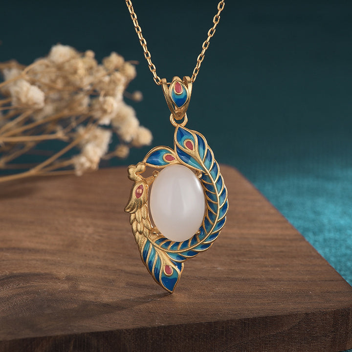 White Jade Peacock Copper Blessing Necklace Pendant - White Jade ( Protection ♥ Happiness) - image 0