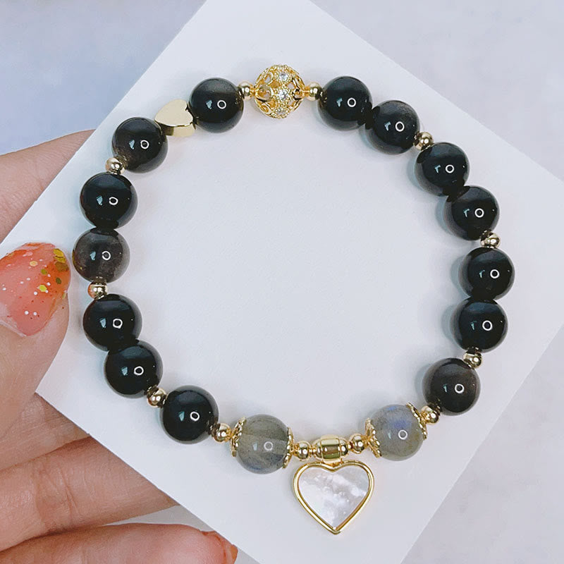 Buddha Stones Natural Silver Sheen Obsidian Love Heart Star Flower Protection Bracelet - image 1
