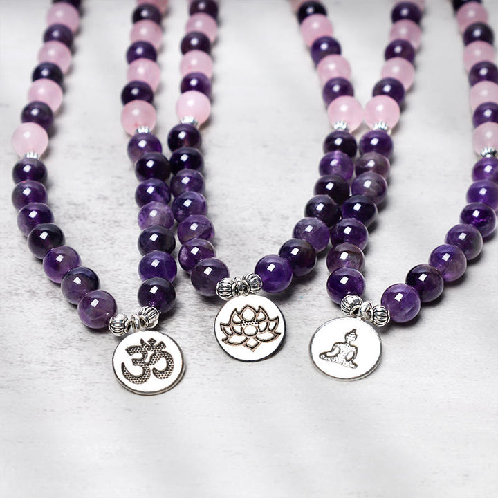 Buddha Stones Natural Rose Quartz & Amethyst Mala Bead Lotus Pendant Bracelet - image 3