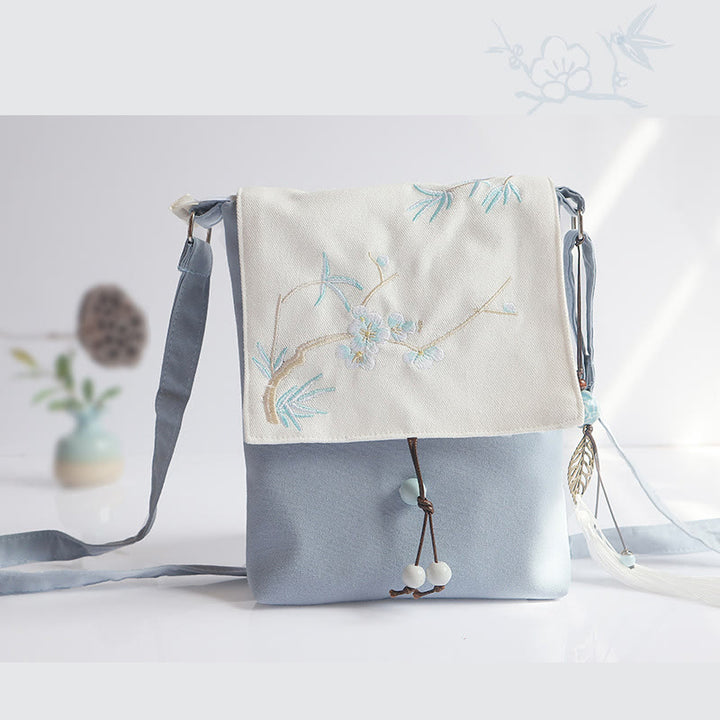 Buddha Stones Handmade Embroidered Plum Flowers Canvas Crossbody Bag Shoulder Bag Handbag - Light Blue Plum Bamboo 20*23cm - image 13