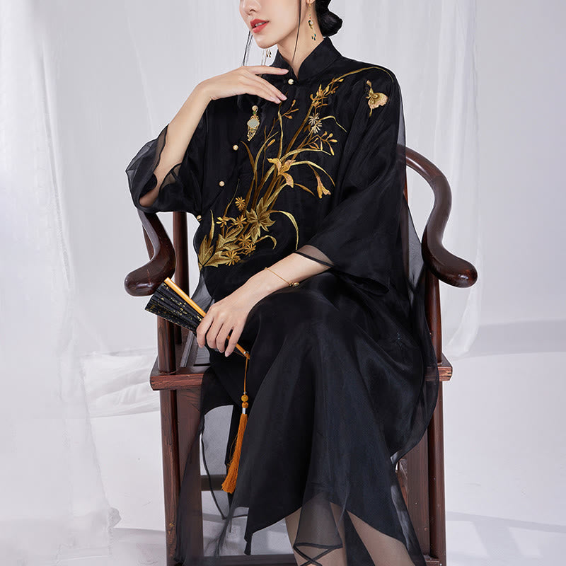 Buddha Stones 100% Mulberry Silk 6 Momme Dress Vintage Flower Butterfly Embroidery Qipao Dress Women's Cheongsam Dress - image 16