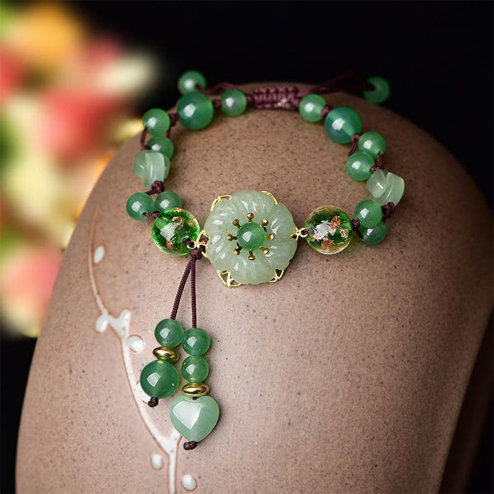 Buddha Stones Natural Green Jade Luck Dangling Flower Bracelet - image 1