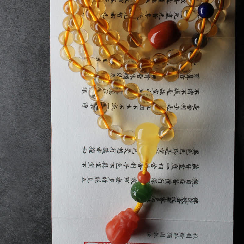 108 Mala Beads Natural Citrine Amber Peace Buckle Red Agate PiXiu Protection Charm Bracelet - image 21