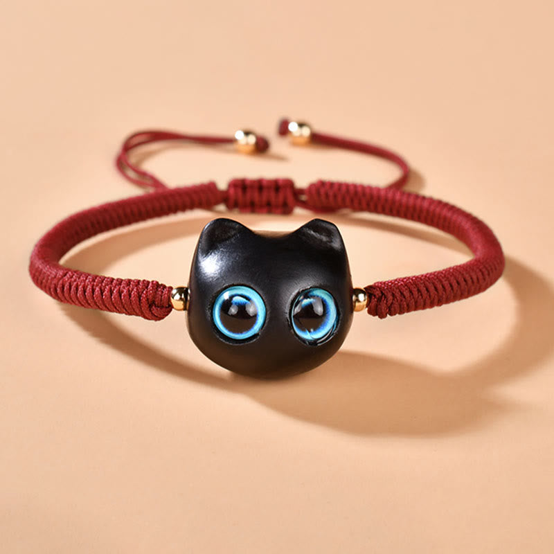 Buddha Stones Ebony Wood Cat Head Pattern Peace King Kong Knot Braided Bracelet - image 3