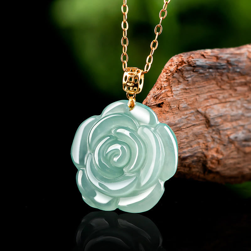 Buddha Stones Natural Jade Rose Luck Necklace Titanium Steel Chain Pendant - Jade(Prosperity♥Abundance) - image 0