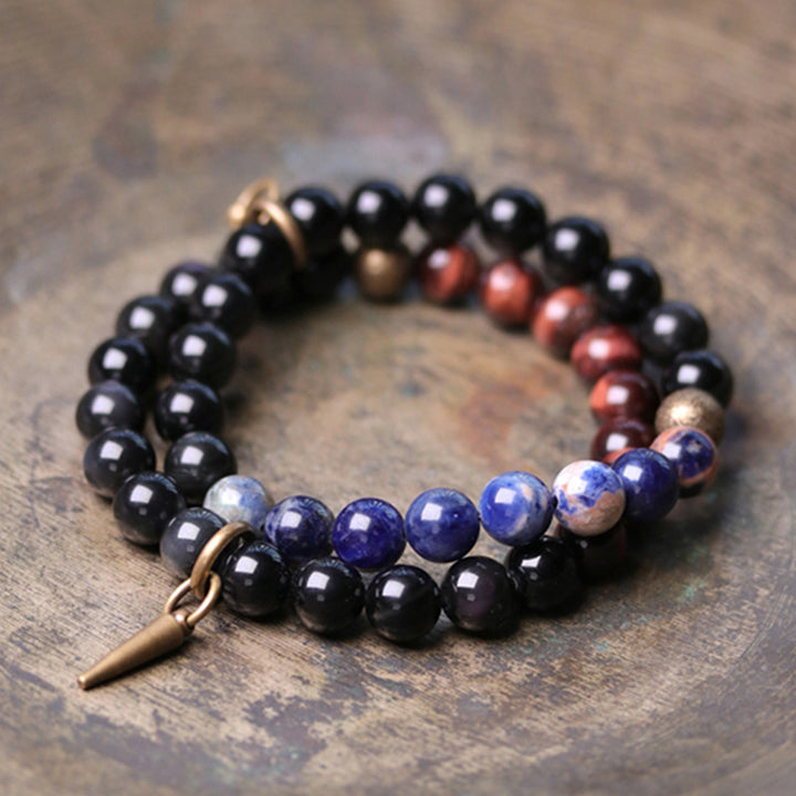 Buddha Stones Black Obsidian Sodalite Crystal Copper Strength Couple Bracelet - image 2