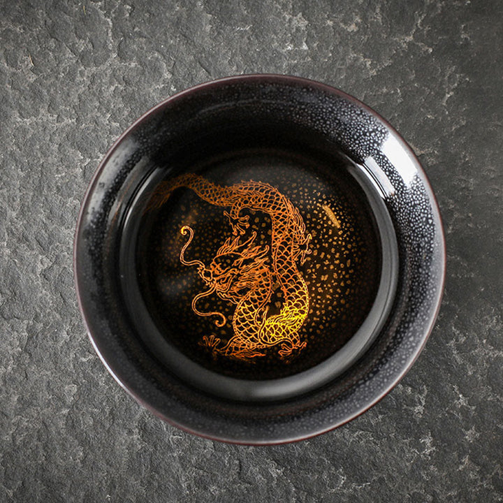 Buddha Stones Gold Leaf Chinese Jianzhan Dragon Phoenix Lotus Avalokitesvara Koi Fish Ceramic Teacup Tenmoku Kung Fu Tea Cup Bowl - 8.4cm*5cm*120ml - Dragon - image 0