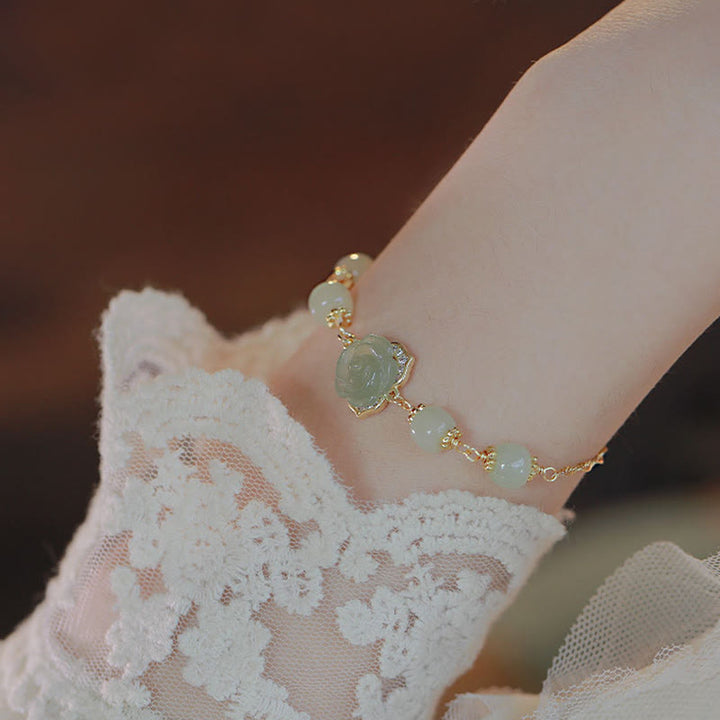 Buddha Stones 14K Gold Plated Hetian Jade Rose Flower Luck Chain Bracelet - image 5