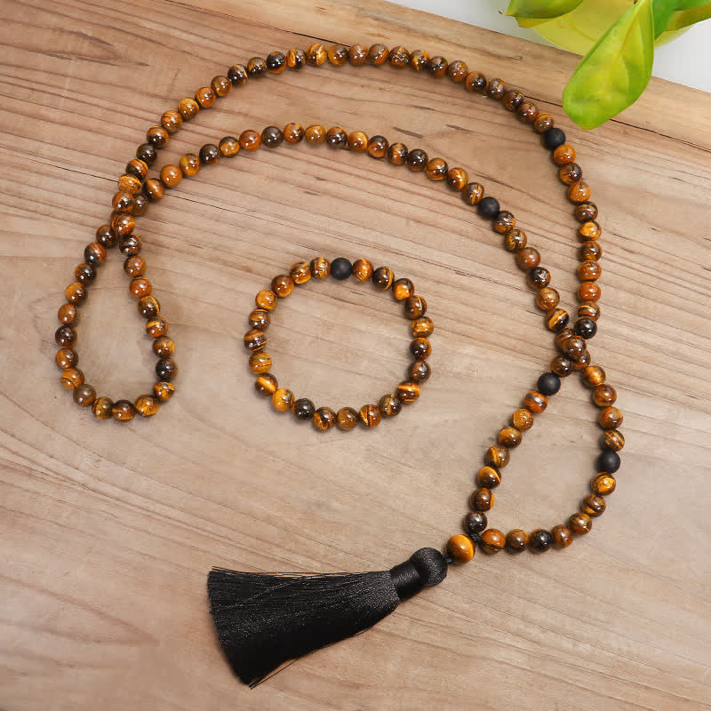 Buddha Stones 108 Beads Mala Tiger Eye Protection Tassel Bracelet - image 1