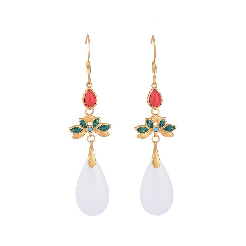 Buddha Stones FengShui White Jade Luck Drop Earrings - image 3