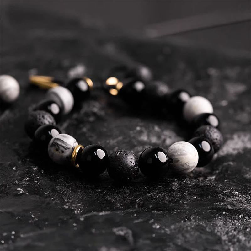 Buddha Stones Black Obsidian Lava Rock Stone Yin Yang Strength Bracelet - image 9