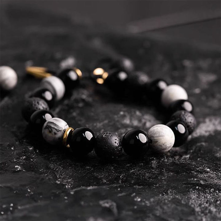 Buddha Stones Black Obsidian Lava Rock Stone Yin Yang Strength Bracelet - image 9