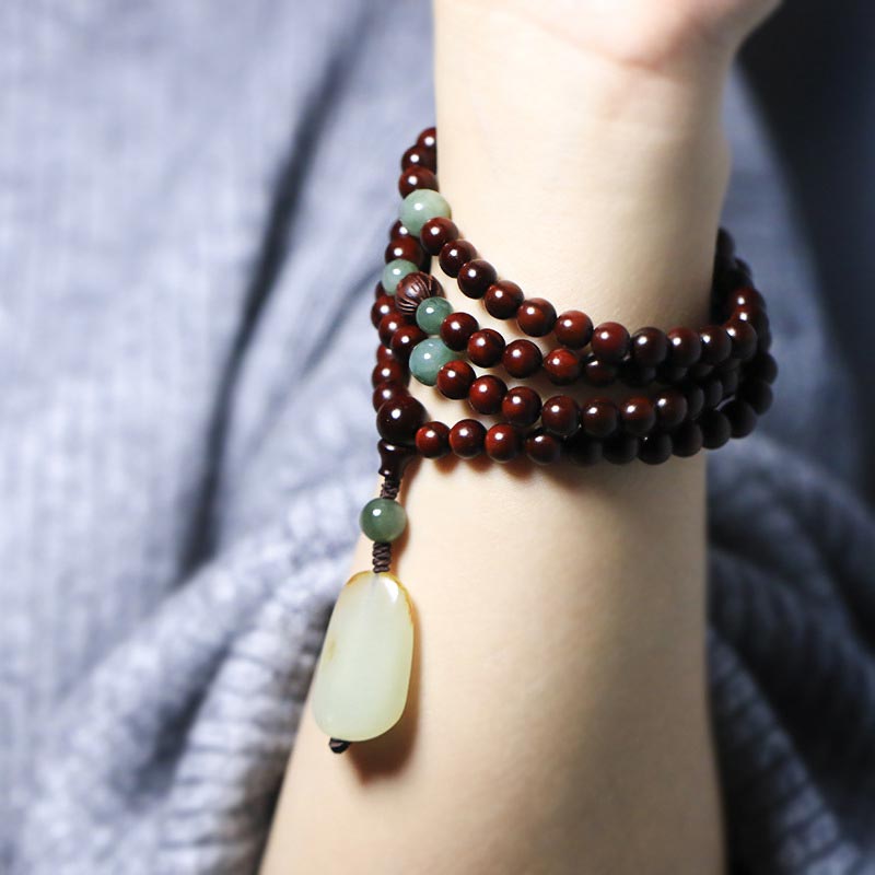 Buddha Stones Tibetan Small Leaf Red Sandalwood Jade Mala Meditation Bracelet - image 3