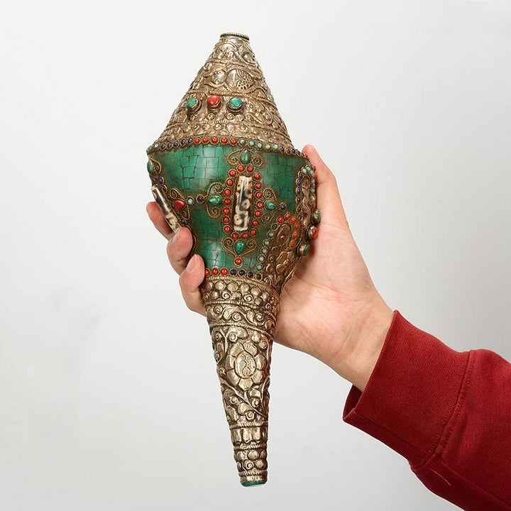 Buddha Stones Tibetan Handmade Engraved Shankha Double Dorje Buddha Conch Shell Wealth Positive Decoration - image 3