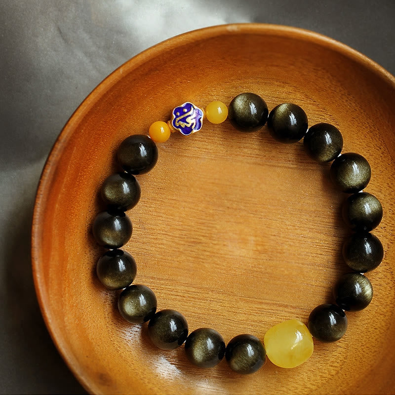 Buddha Stones 925 Sterling Silver Chinese Zodiac Natal Buddha Natural Gold Sheen Obsidian Amber Wealth Protection Bracelet - image 2