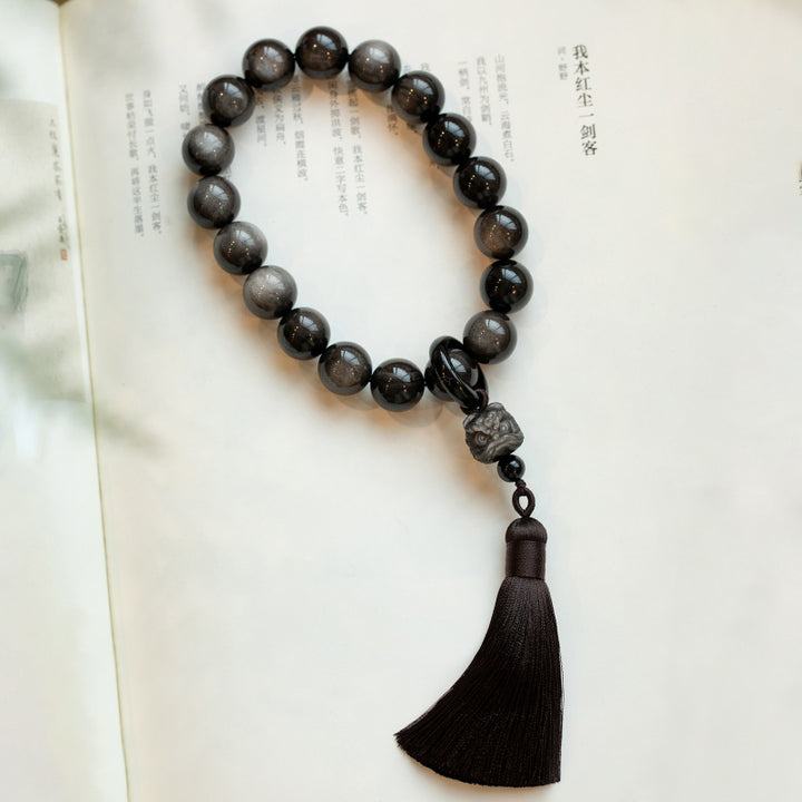 Buddha Stones Natural Silver Sheen Obsidian Black Obsidian Lion Wrist Mala Protection Tassels Pocket Mala Car Decoration - 16mm Silver Sheen Obsidian - image 5