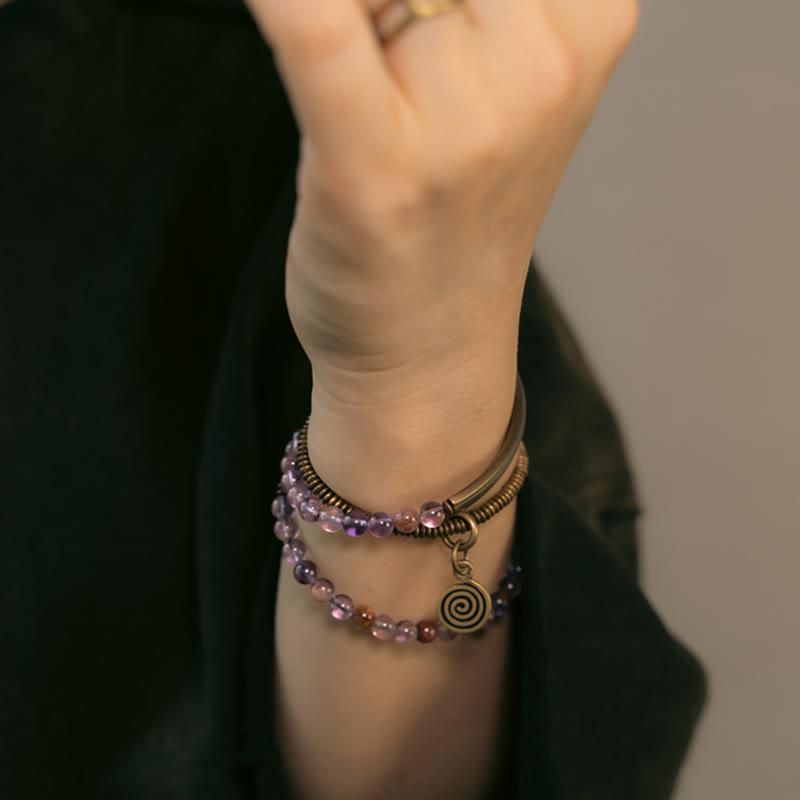 Buddha Stones Purple Phantom Red Hematoid Quartz Green Rutilated Quartz Copper Love Forgive Bracelet - image 8