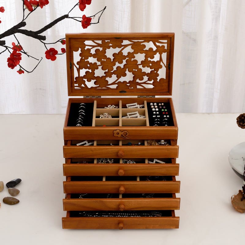 Buddha Stones Vintage Plum Blossom Carved Wooden Jewelry Box Six-Layer Jewelry Storage Box - Cherry Wood Color 30.6*20.6*24.7cm - image 12