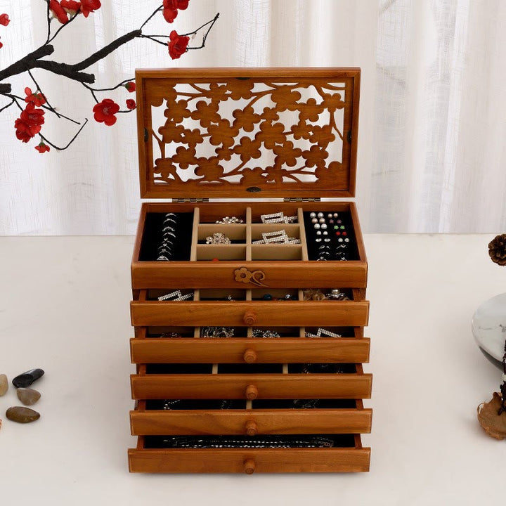 Buddha Stones Vintage Plum Blossom Carved Wooden Jewelry Box Six-Layer Jewelry Storage Box - Cherry Wood Color 30.6*20.6*24.7cm - image 12