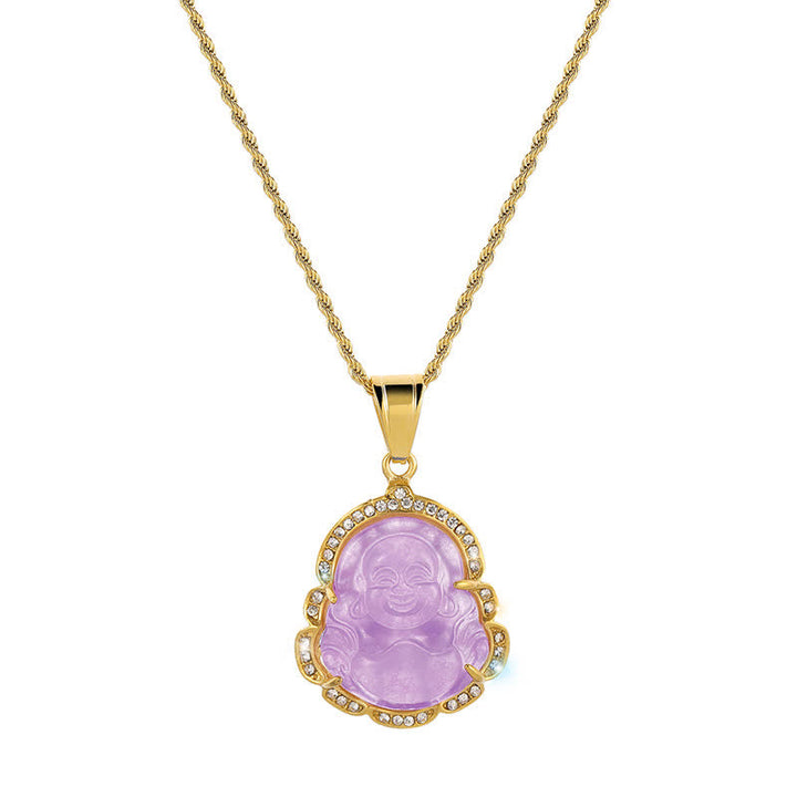 Buddha Stones 18K Gold Filled Laughing Buddha Jade Luck Necklace Chain Pendant - Light Purple - image 13