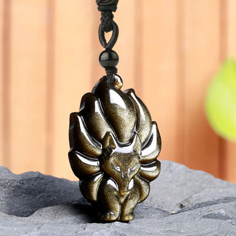 Buddha Stones Natural Fluorite Gold Sheen Obsidian Fox Pendant Protection Necklace - image 10