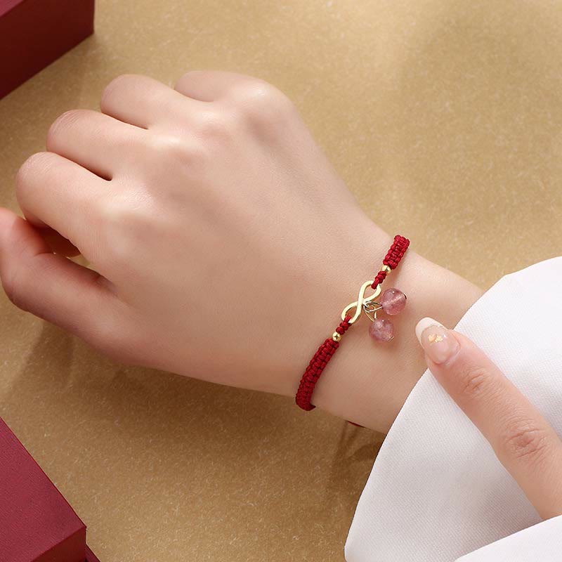 Buddha Stones Strawberry Quartz Crystal Endless Knot Love Healing Red String Weave Bracelet - image 6